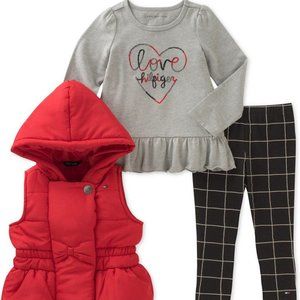 Tommy Hilfiger 3 Piece Red Puffer Vest/Gray Shirt/Black Leggings Set, Size 4T